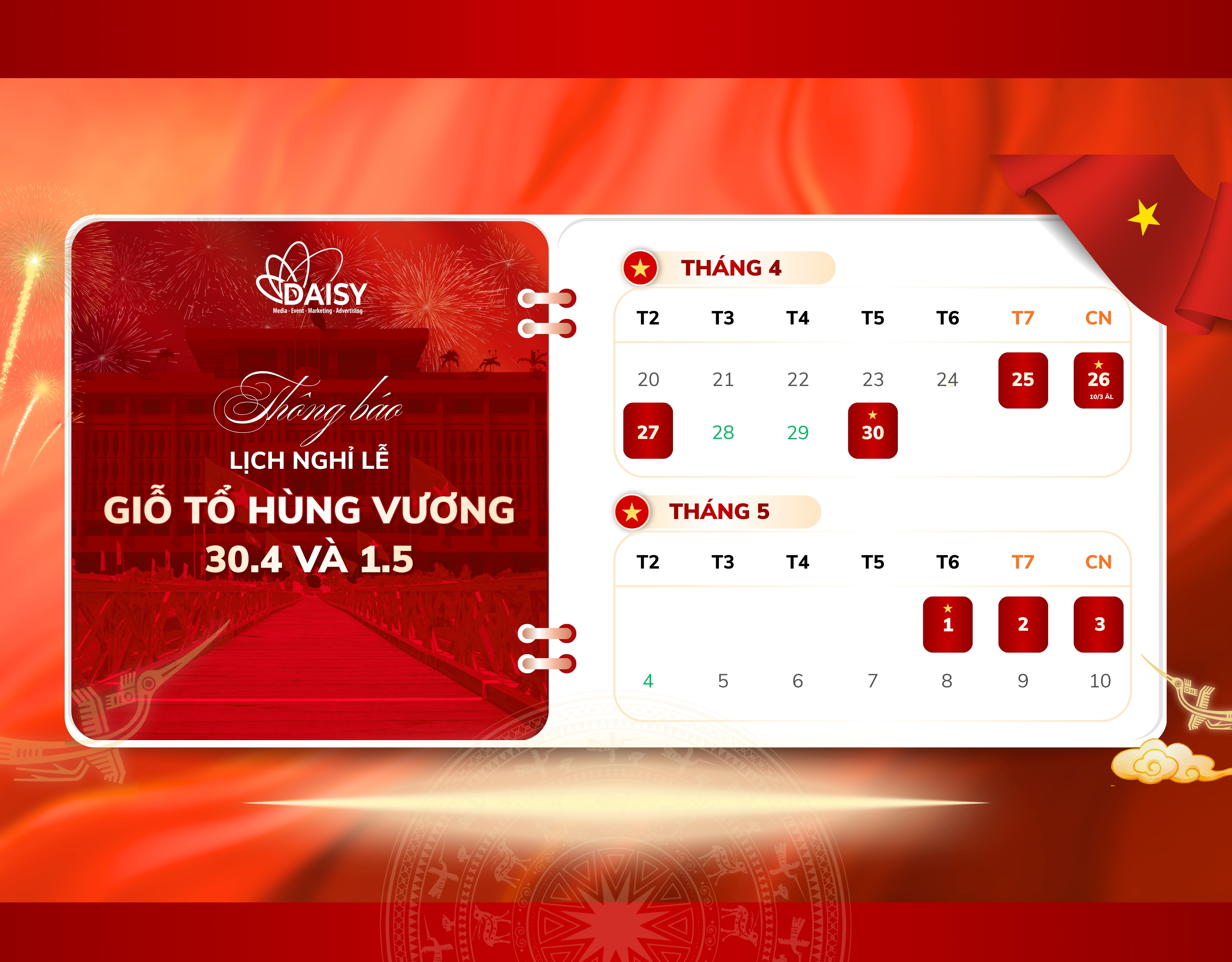 [THÔNG BÁO] LỊCH NGHỈ LỄ GIỖ TỔ HÙNG VƯƠNG & 30/4 - 1/5